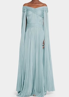 J. Mendel Cape Hand-Pleated Off-the-Shoulder Gown