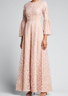 J. Mendel Floral-Embroidered Bell-Sleeve Tulle Gown