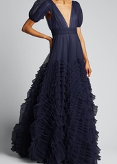 J. Mendel Tulle Puff-Sleeve Ball Gown