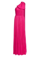 J. Mendel One-Shoulder Puff Bow Pleated Silk Gown