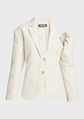 Jacquemus Linen Blazer Jacket with Off-Shoulder Puff Sleeve