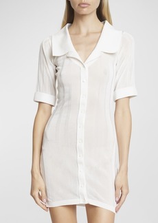 Jacquemus Manta Short-Sleeve Sheer Wide-Rib Mini Shirtdress