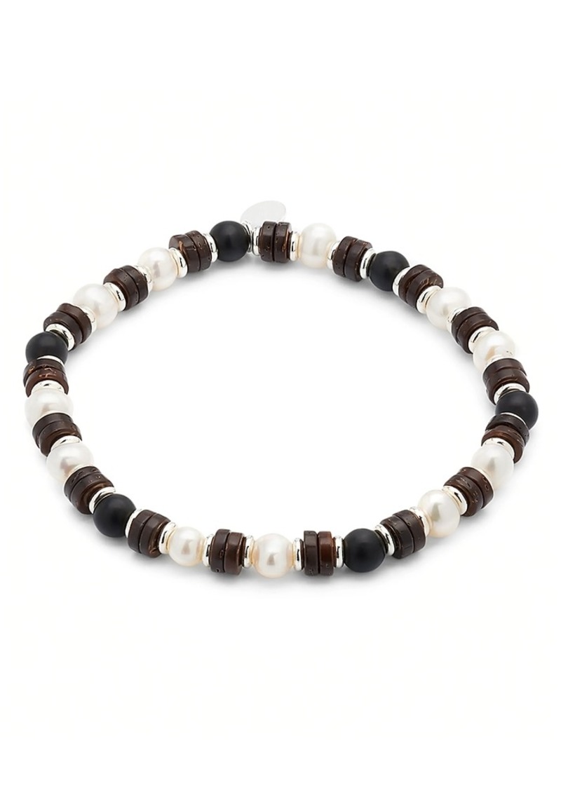 Jan Leslie Cultured Freshwater Pearl, Onyx, Wood & Sterling Silver Stretch Bracelet