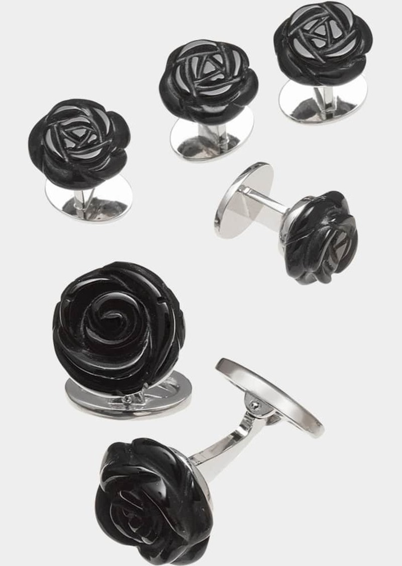 Jan Leslie Onyx Carved Rose Tuxedo Cuff Link and Stud Set