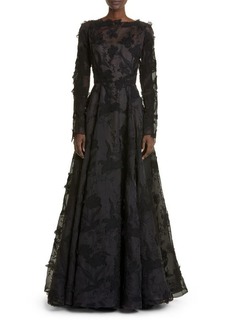 Jason Wu Collection Floral Embroidery Long Sleeve Silk Organza A-Line Gown