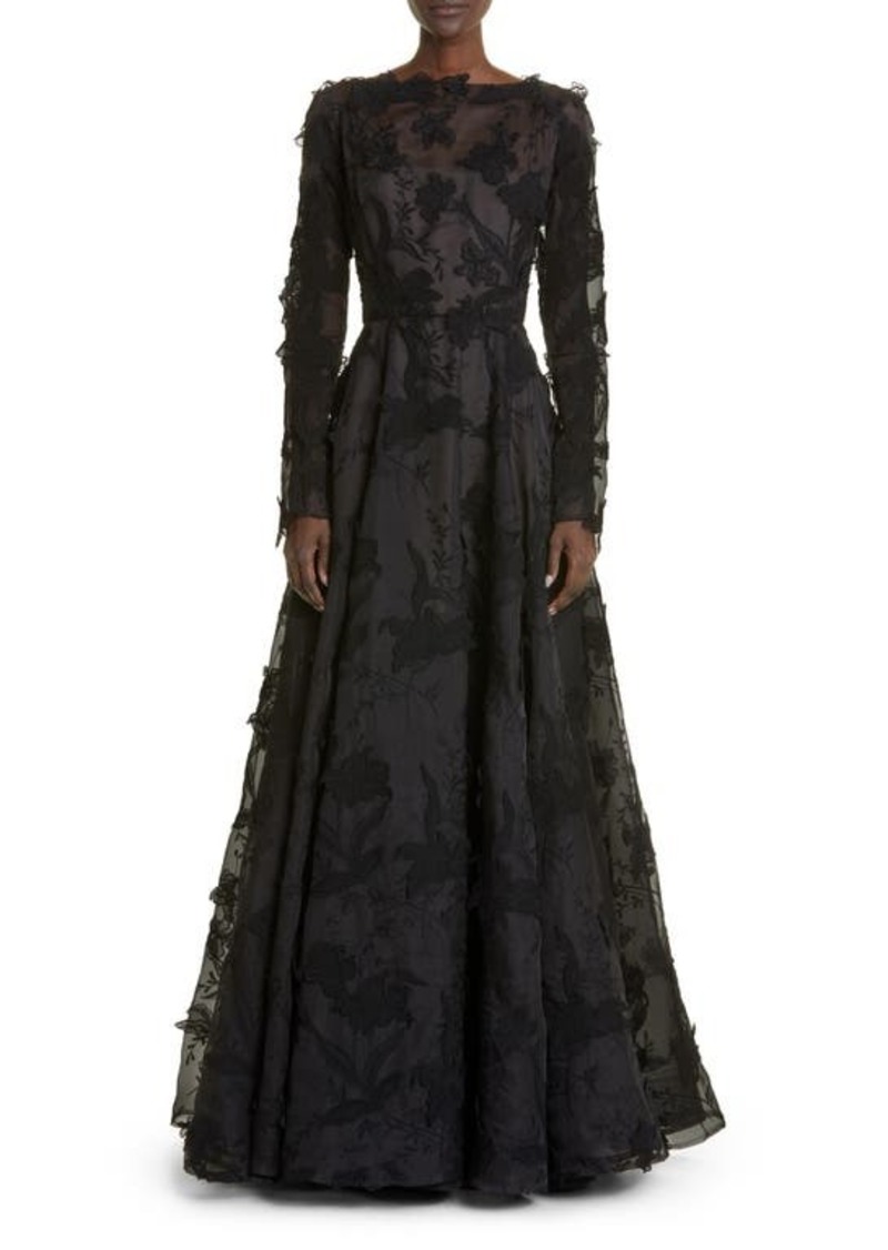 Jason Wu Collection Floral Embroidery Long Sleeve Silk Organza A-Line Gown