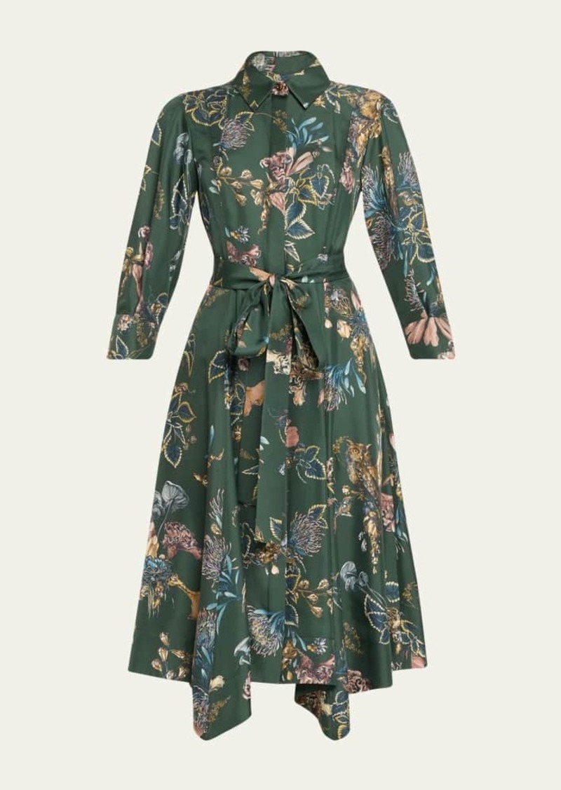 Jason Wu Collection Forest Floral Belted Silk Twill Shirtdress  Green