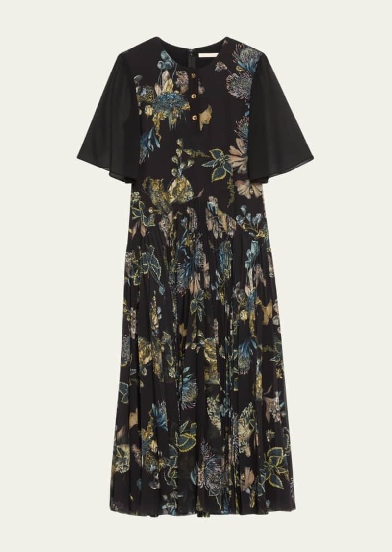 Jason Wu Collection Forest Floral Pleated Drop Waist Midi Dress