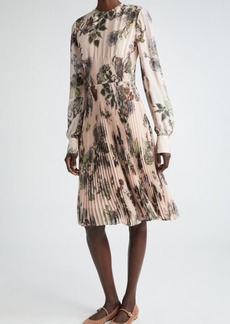 Jason Wu Collection Forest Print Pleated Long Sleeve Crepe Dress