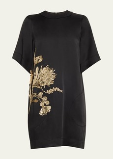 Jason Wu Collection Hammered Satin Mini Shift Dress with Floral Embellished Details