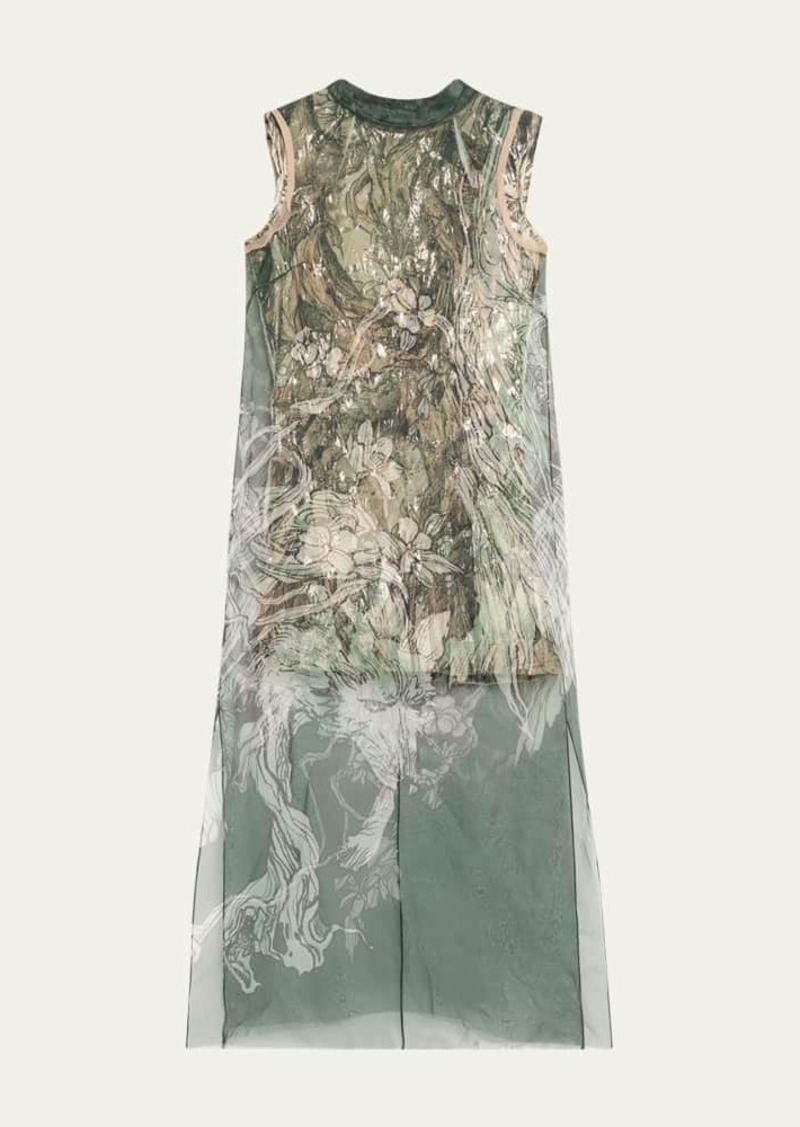 Jason Wu Collection Printed Organza Sleeveless Midi Dress With Crinkle Foil Lining