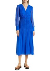 JASON WU Smocked Waist Long Sleeve SIlk Chiffon Midi Dress