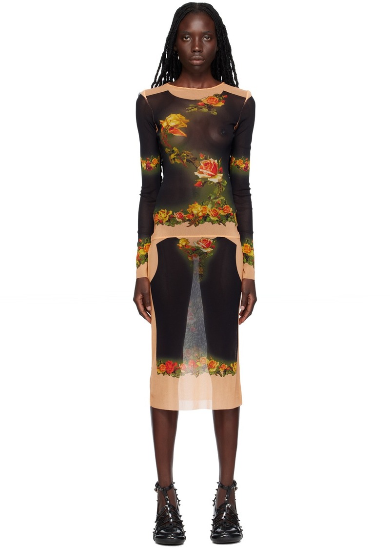 Jean Paul Gaultier Black & Orange 'The Fleurs Petit Grand' Midi Dress