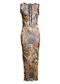 Jean Paul Gaultier Butterfly Print Lace-Up Plunge Neck Mesh Maxi Dress