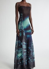 Jean Paul Gaultier City Print Asymmetric Sheer Maxi Dress