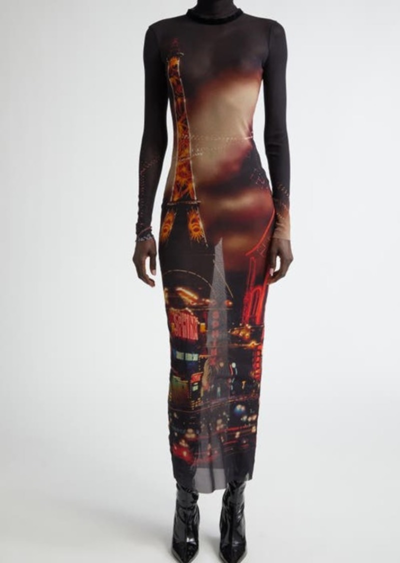 Jean Paul Gaultier City Print Long Sleeve Sheer Mesh Turtleneck Dress