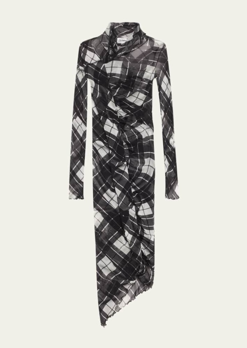 Jean Paul Gaultier Distorted Tartan-Print Draped Mesh Maxi Dress