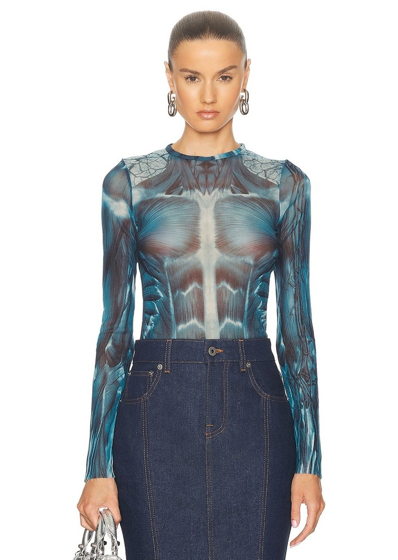 Jean Paul Gaultier Ecorche Mesh Printed Long Sleeve Top