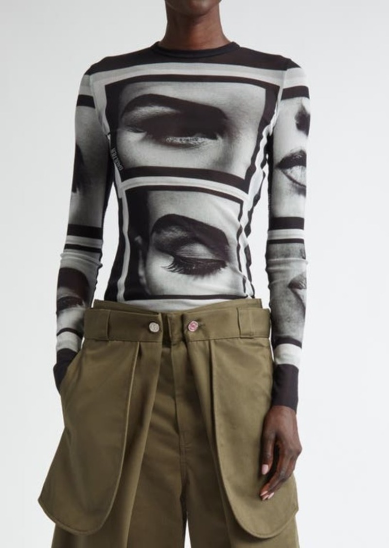 Jean Paul Gaultier Eyes & Lips Print Long Sleeve Mesh T-Shirt