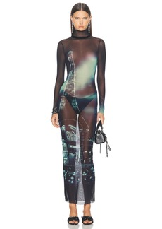 Jean Paul Gaultier Pigalle Turtleneck Mesh Long Printed Dress