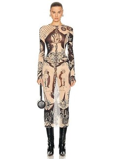 Jean Paul Gaultier Printed Heraldique Long Sleeve Crew Neck Dress