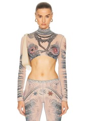Jean Paul Gaultier Printed Soleil Long Sleeve High Neck Cropped Top