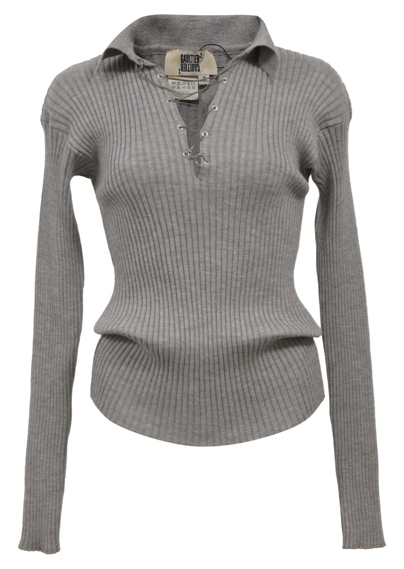 Jean Paul Gaultier Ribbed Knit V-Neck With Tie Sweater in Grey Wool