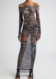 Jean Paul Gaultier Tattoo Stripe Off the Shoulder Long Sleeve Semisheer Mesh Dress