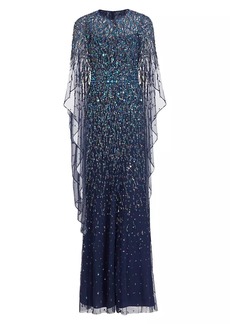 Jenny Packham Delphine Tulle Cape-Sleeve Beaded Gown