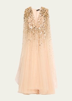 Jenny Packham Alondra Bead Sequined Cape-Sleeve Gown