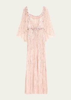 Jenny Packham Brightstar Crystal Sequined Floral Applique Backless Dress