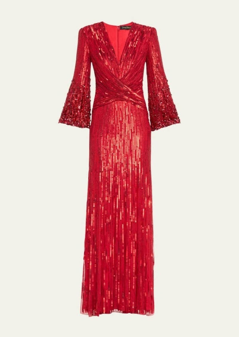 Jenny Packham Cosmos Tonal Sequined Crystal V-Neck Gown