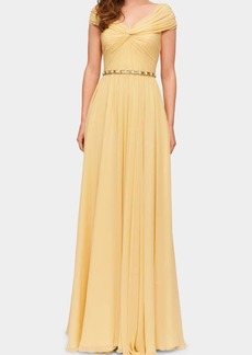 Jenny Packham Grace Off-the-Shoulder Belted Chiffon Gown