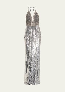 Jenny Packham Hero V-Neck Embellished Gown with Belt Detail