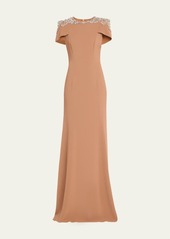 Jenny Packham Polaris Crystal Trumpet Cap-Sleeve Gown