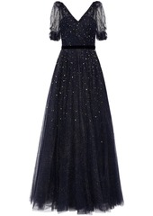 Jenny Packham Woman Velvet-trimmed Crystal-embellished Glittered Tulle Gown Midnight Blue