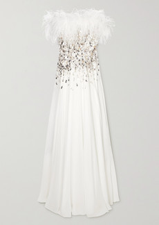 Jenny Packham Pearl Feather-trimmed Embellished Silk-chiffon Gown