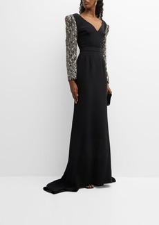 Jenny Packham Tabitha Embellished-Sleeves Strong-Shoulder Gown