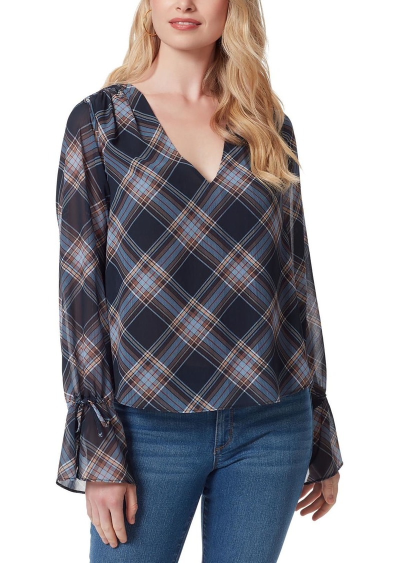 Jessica Simpson Aurora Womens Plaid V-Neck Pullover Top