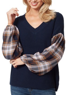 Jessica Simpson Emmeline Womens Plaid V-Neck Pullover Sweater