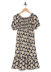 Jessica Simpson Kids' Floral Print Puff Sleeve Twill Dress in Black at Nordstrom Rack