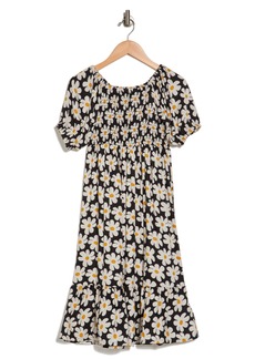 Jessica Simpson Kids' Floral Print Puff Sleeve Twill Dress in Black at Nordstrom Rack