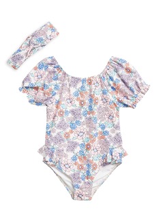Jessica Simpson Kids' Puff Sleeve One-Piece Swimsuit & Headband in Floral at Nordstrom Rack