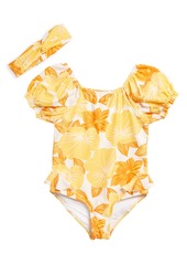 Jessica Simpson Kids' Puff Sleeve One-Piece Swimsuit & Headband in Floral at Nordstrom Rack