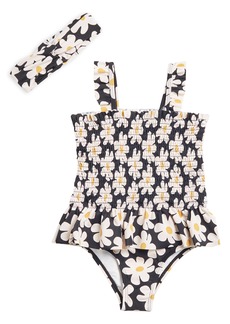Jessica Simpson Kids' Smocked One-Piece Swimsuit & Headband in Black at Nordstrom Rack