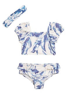 Jessica Simpson Kids' Tropical Two-Piece Bikini & Headband Set in Blue at Nordstrom Rack