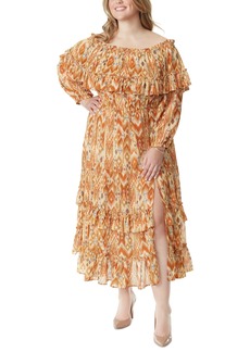 Jessica Simpson Plus Size Printed Merisa Ruffled Tiered Slit-Front Dress - Honey Peach - Ornate Western