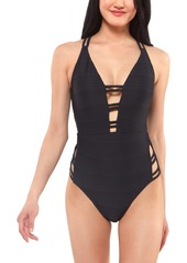 Jessica Simpson Ribbed Plunge Strappy One-Piece Swimsuit Women's Swimsuit