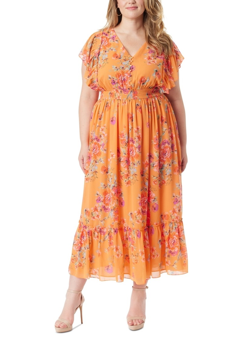 Jessica Simpson Trendy Plus Size Althea Angel Maxi Dress - Autumn Sunset - Watercolor Roses