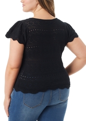 Jessica Simpson Trendy Plus Size Jette Pointelle Short-Sleeve Sweater Top - Black